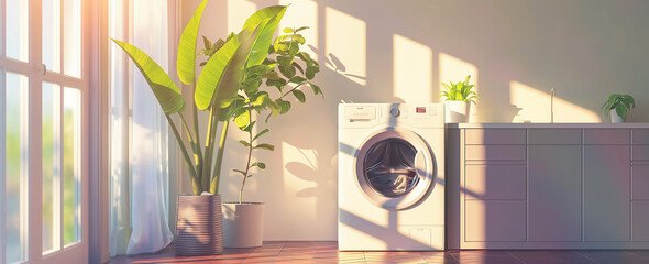 Modern Laundry Room with Bright Natural Light, Indoor Plant, and White Washing Machine