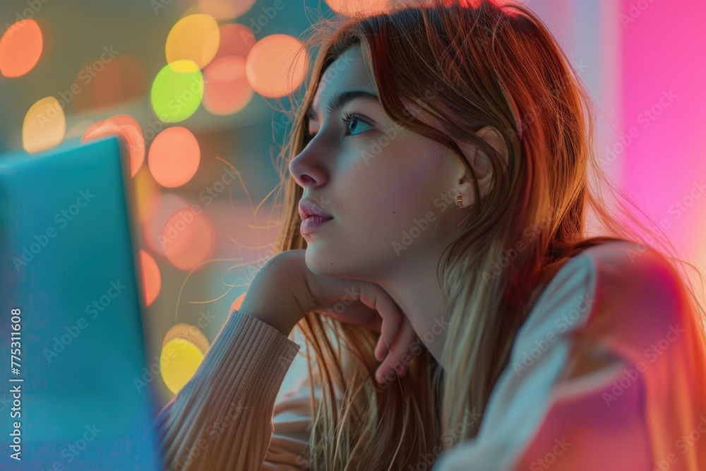 Poster woman sitting in front of a laptop computer. suitable for business and technology concepts