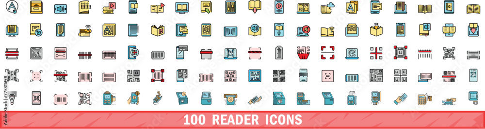 Poster 100 reader icons set. color line set of reader vector icons thin line color flat on white