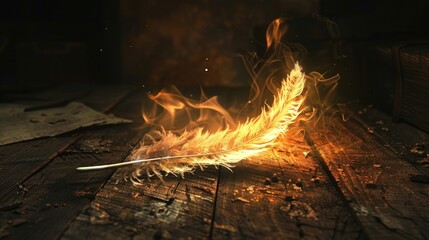 glowing feather on fire on wooden table