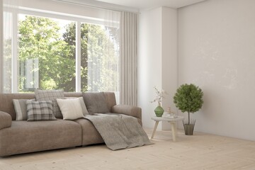 White living room with sofa and summer landscape in window. Scandinavian interior design. 3D illustration - obrazy, fototapety, plakaty