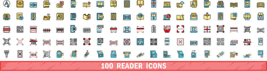 100 reader icons set. Color line set of reader vector icons thin line color flat on white