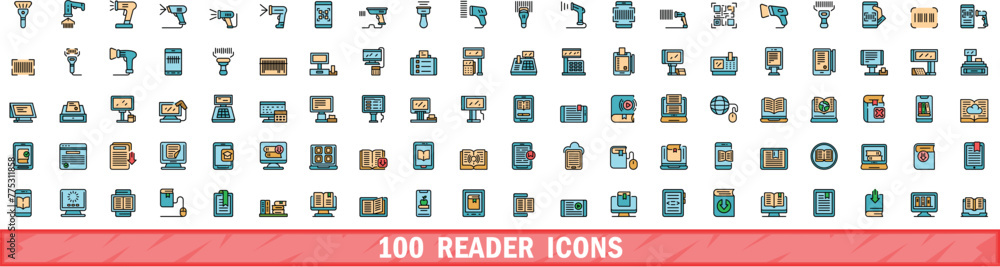 Poster 100 reader icons set. color line set of reader vector icons thin line color flat on white