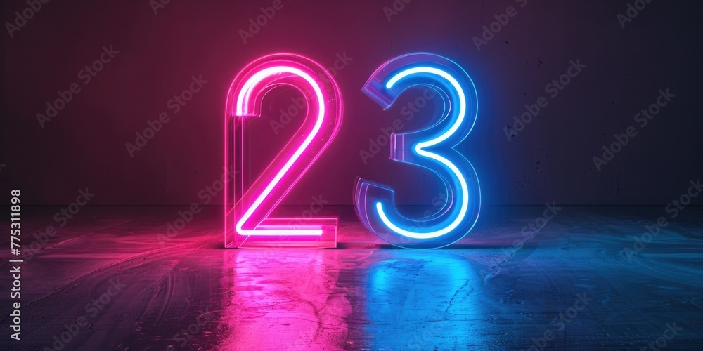 Poster neon sign with the number 23, suitable for various concepts