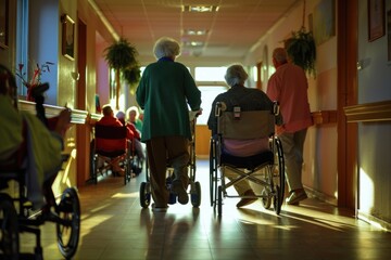 Elderly people walking down hallway, suitable for healthcare concepts