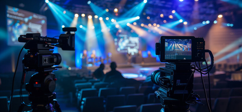 Cameras capturing a vibrant esports event on stage  