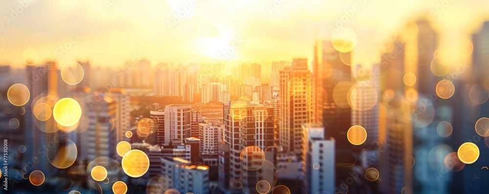 Aufkleber blurred cityscape background with bokeh effect and golden sunset light generative ai