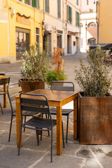 Fototapeta na wymiar Outdoor street cafe tables ready for service. Empty cafe terrace with wooden table and plastic chair, morning time. Food concept