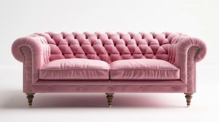 A pink couch sitting on top of a white floor. Perfect for interior design concepts