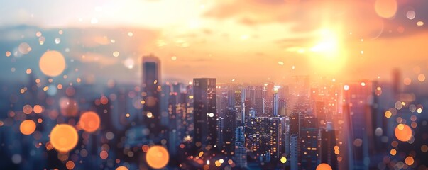 Abstract blurred city landscape with sun flare and bokeh effect Background banner for web design, advertising, poster Generative AI - obrazy, fototapety, plakaty
