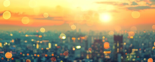 Blurred cityscape background with bokeh lights and sunset sky, golden light, yellow tone, blurred urban landscape Generative AI