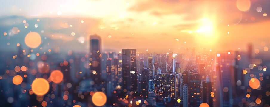 Abstract blurred city landscape with sun flare and bokeh effect Background banner for web design, advertising, poster Generative AI