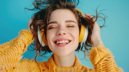 A young woman smiling while wearing headphones. Great for music or relaxation concept