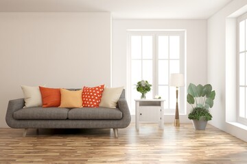 White living room with sofa. Scandinavian interior design. 3D illustration