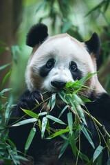 A cute panda bear enjoying a meal in a tree. Perfect for nature and animal themes