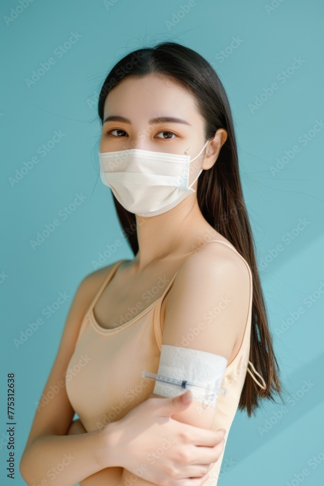 Sticker Woman with face mask and crossed arms, suitable for healthcare concepts