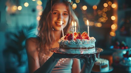 A woman holding a birthday cake with lit candles, perfect for celebrating special occasions - obrazy, fototapety, plakaty