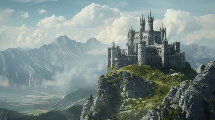 A majestic castle perched on a mountain peak. Ideal for travel and fantasy concepts - obrazy, fototapety, plakaty