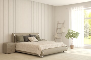 White bedroom concept. Scandinavian interior design. 3D illustration - obrazy, fototapety, plakaty