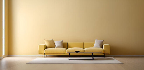 Modern living room mockup with fabric sofa, coffee table and empty yellow wall for copy space