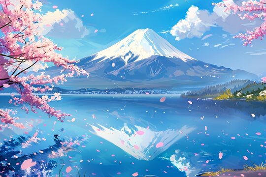 Mount Fuji with a lake and cherry blossoms