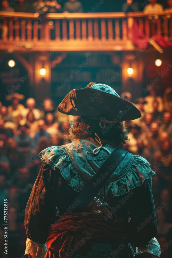 Poster a man in a pirate costume standing in front of a crowd. suitable for event promotion