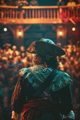 A man in a pirate costume standing in front of a crowd. Suitable for event promotion