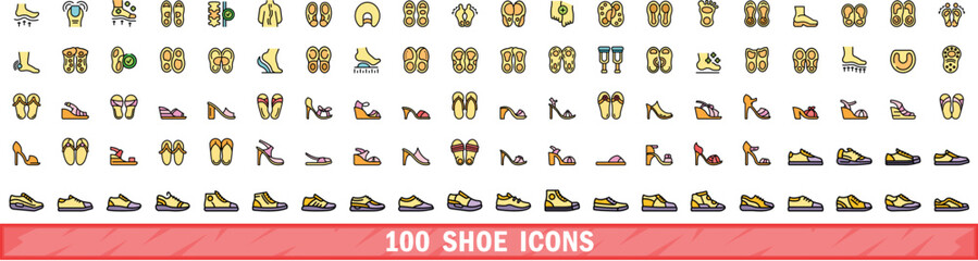 100 shoe icons set. Color line set of shoe vector icons thin line color flat on white - obrazy, fototapety, plakaty