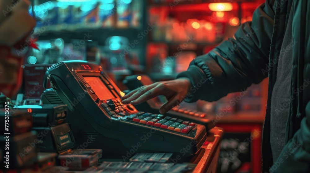 Poster a man operating a cash register in a store. suitable for business and retail concepts