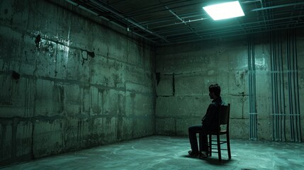 man sitting on chair in a dingy empty room - obrazy, fototapety, plakaty