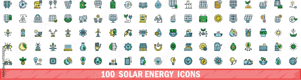 Wall mural 100 solar energy icons set. Color line set of solar energy vector icons thin line color flat on white - Wall murals