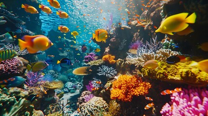 Naklejka na ściany i meble Coral reefs teeming with colorful fish