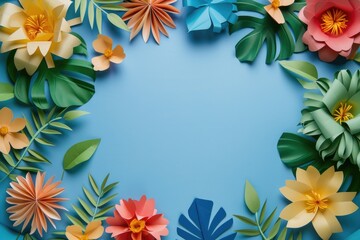 Fototapeta na wymiar Colorful paper flowers arranged in a circle on a blue background. Perfect for spring or craft-related designs