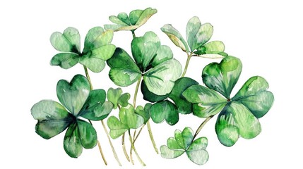A painting of four leaf clovers on a white background. Can be used for St. Patrick's Day decorations