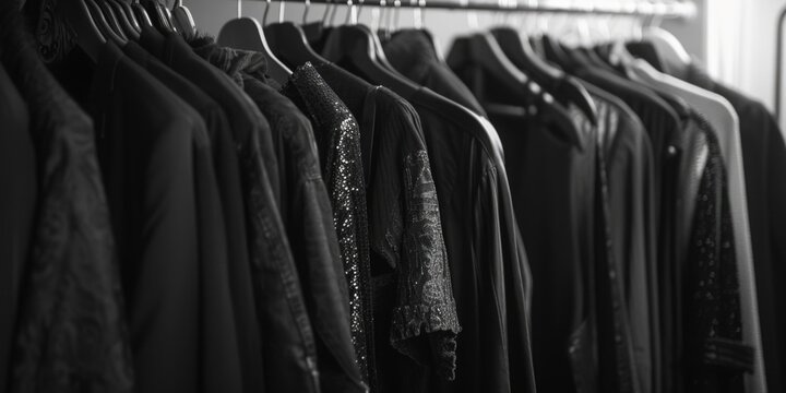 Black and white photo of a rack of clothes. Suitable for fashion blogs or magazines