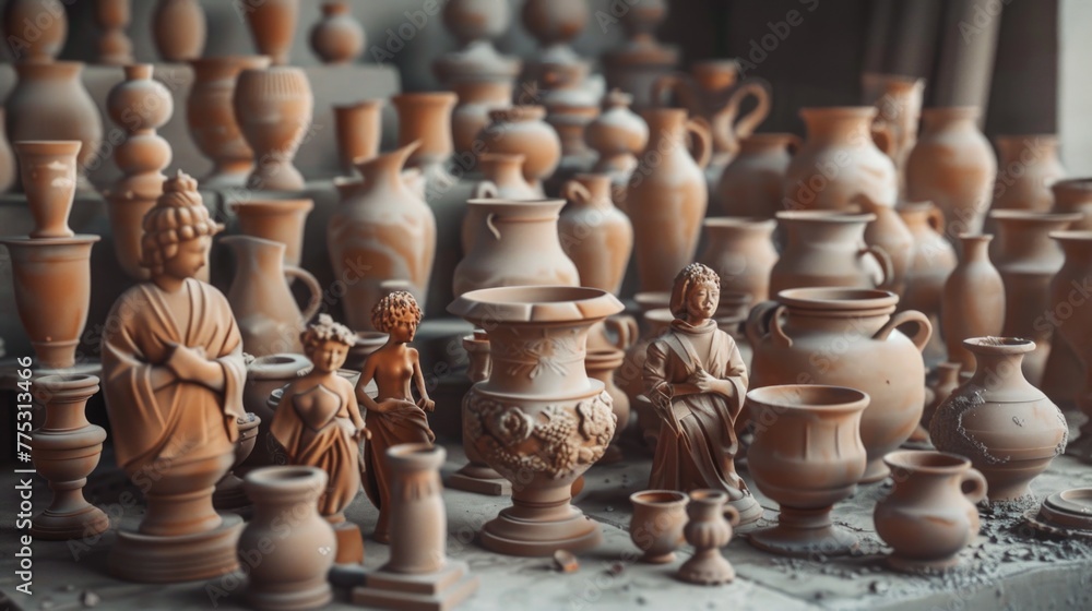 Poster a collection of clay vases and statues on a table. suitable for home decor or art concept