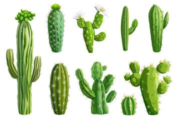 A variety of cactus plants on a white background. Perfect for botanical illustrations or desert-themed designs
