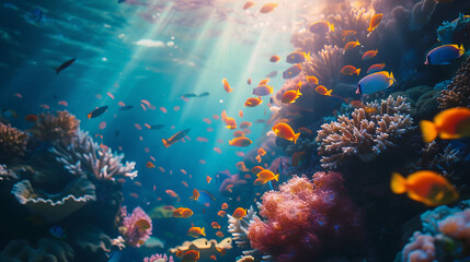 Coral reef, sunlight filters, colorful fish