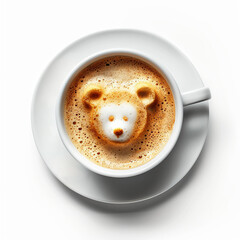 Creative bear latte art in cup, top view.