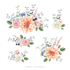 Pink roses, dahlia flowers, green leaves bouquets, white background. Set of the floral arrangements. Vector illustration. Romantic garden. Summer nature. Wedding design - 775313465