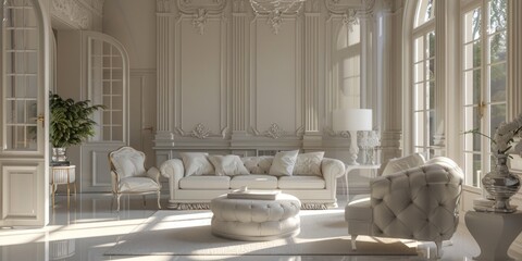 A well-furnished living room with elegant chandelier. Perfect for interior design projects