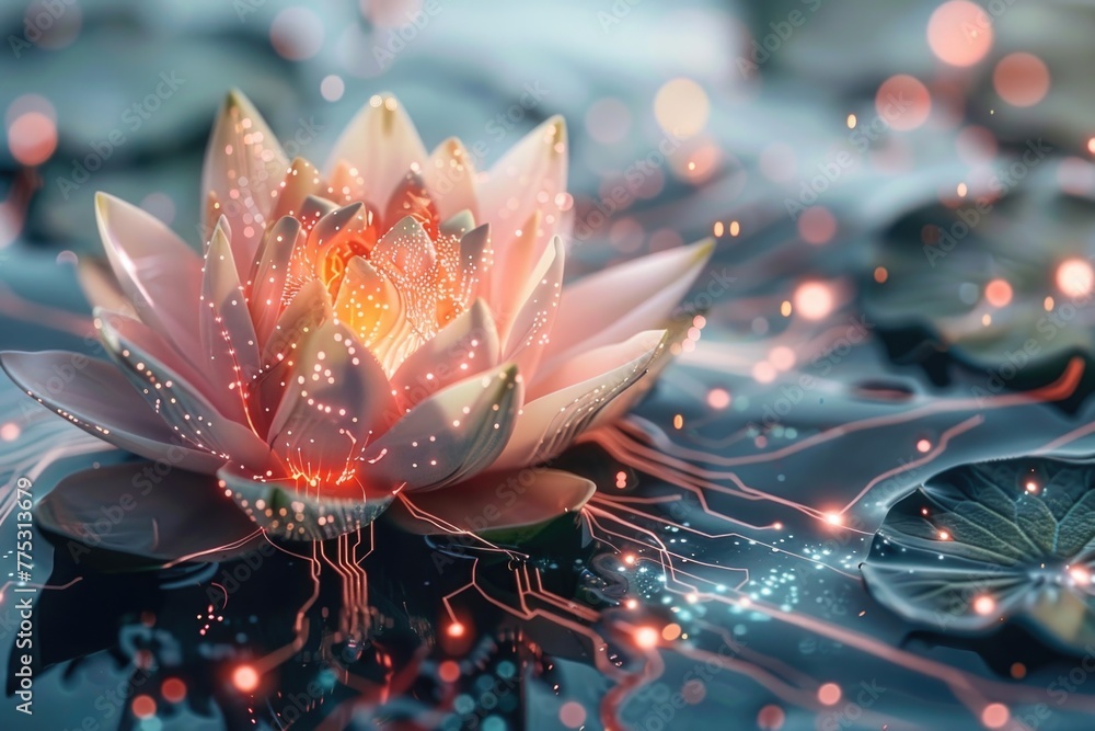 Poster a beautiful pink water lily floating on calm water. suitable for nature and relaxation concepts