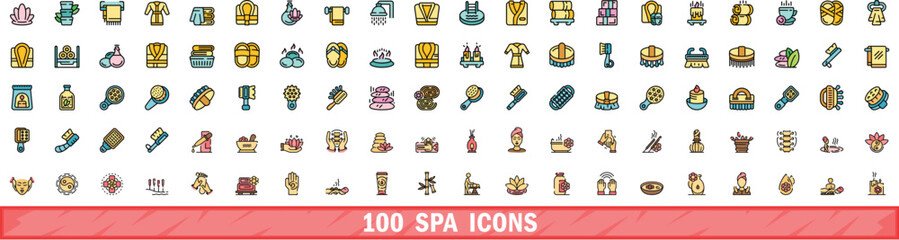 100 spa icons set. Color line set of spa vector icons thin line color flat on white