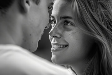 A black and white photo of a man and woman looking into each other 's eyes