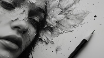 A woman with feathers on her face, perfect for artistic projects