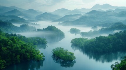   A foggy forest surrounds a body of water, with lots of green trees