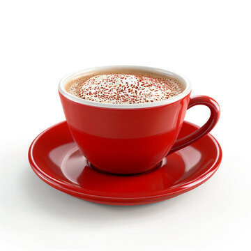 Coffee latte in red cup. Aroma coffee with milk foam sprinkled with chocolate chips.