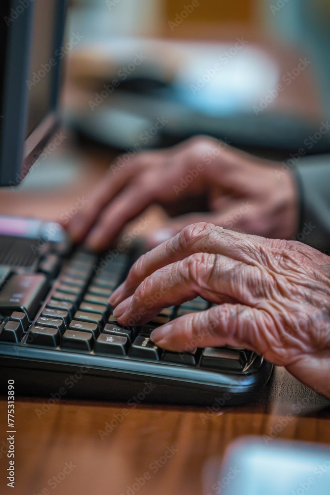 Poster A close up image of a person typing on a keyboard. Suitable for technology concepts