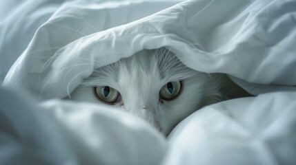 A cute white cat peeking out from under a cozy blanket. Perfect for pet lovers or cozy home concepts