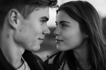 A black and white photo of a man and woman looking at each other